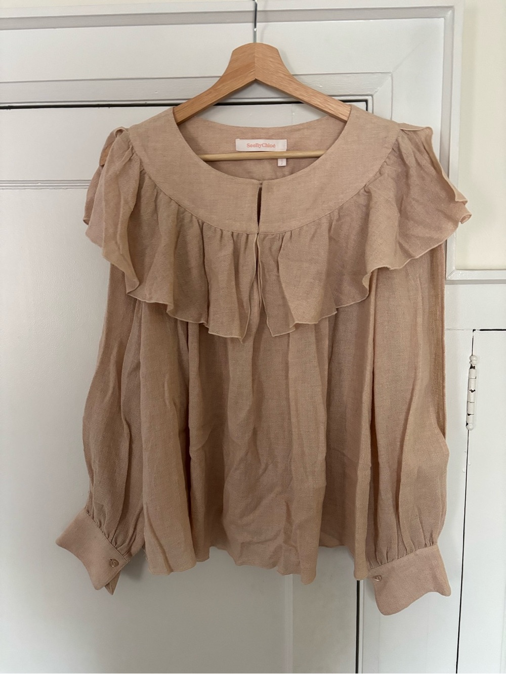 See By Chloe Neutral Beige Ruffle Yoke Blouse
